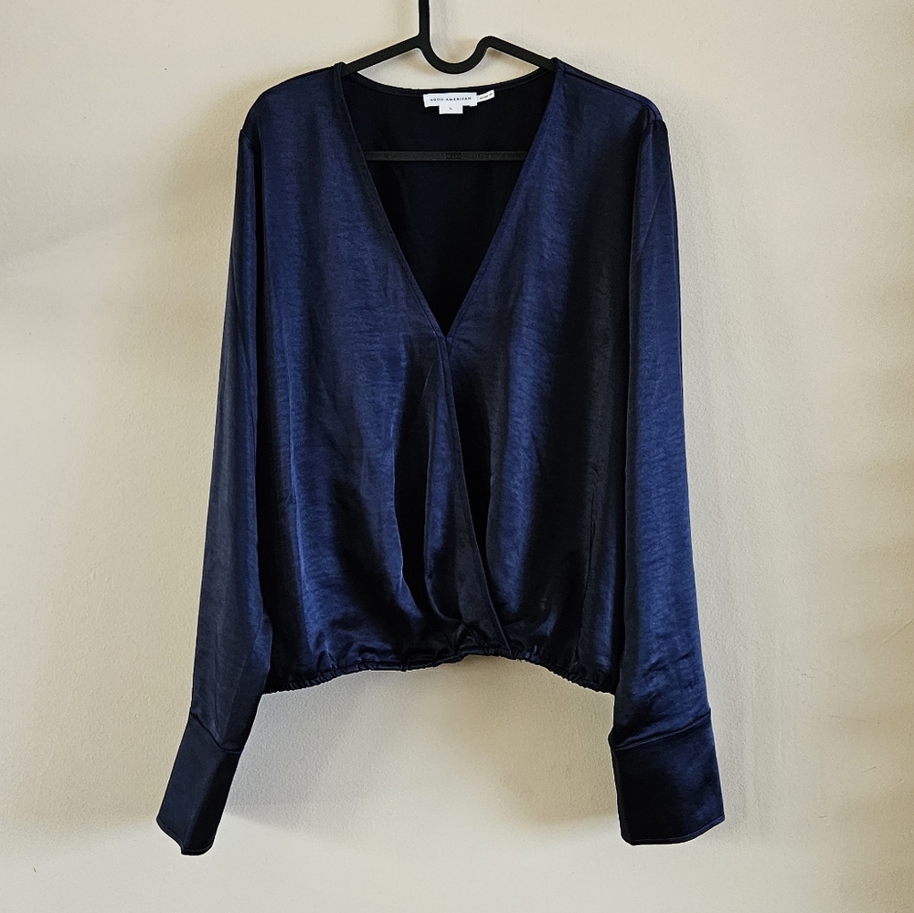 Good American Long Sleeve Stretch Satin Faux Wrap Top
